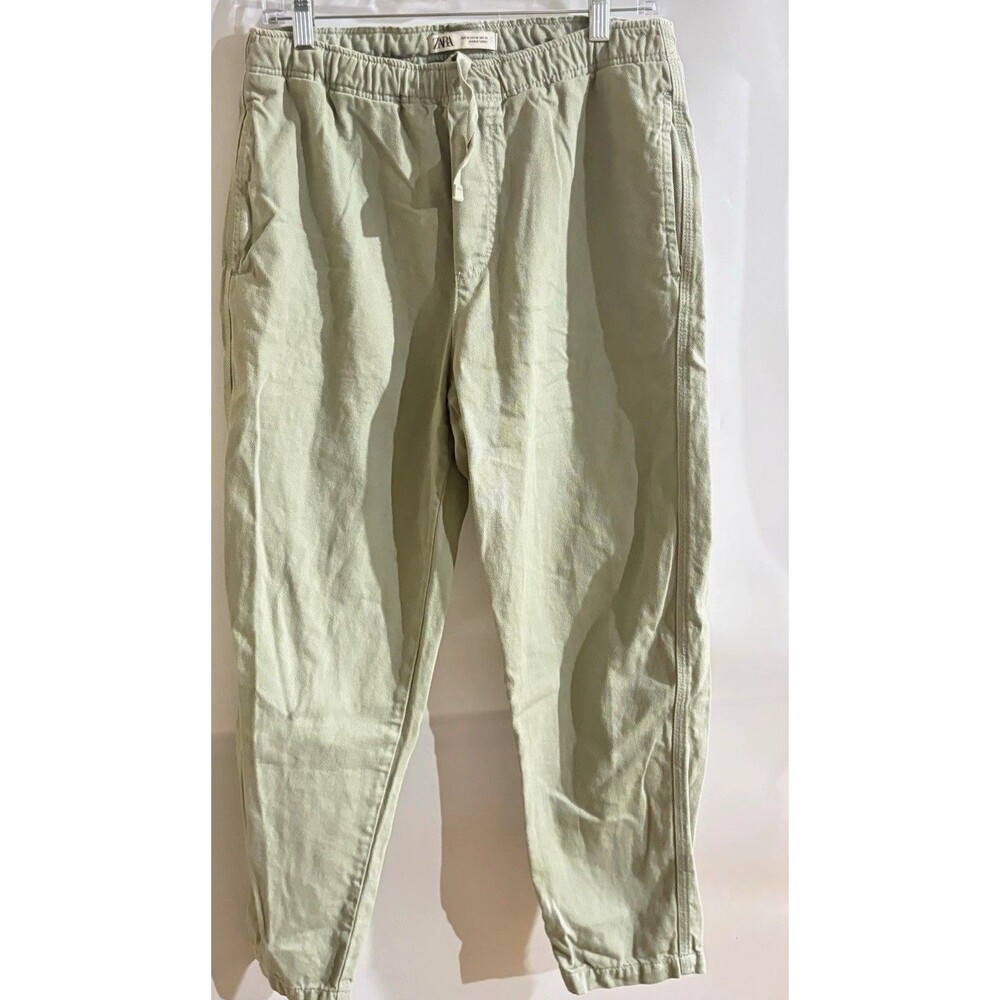 Zara Women’s Green Solid Twill Jogger Pants Pockets Elastic Waist, M